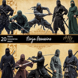 Ninja Assassins Clipart – 20 Stealthy Shadow Warriors , Transparent Background , Commercial Use