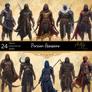 Puede incluir: Imagen de arte digital que presenta ocho figuras de Asesinos Persas en varias poses. Cada figura está vestida con armadura detallada y lleva armas. La imagen incluye el texto "Persian Assassins" y "Artify Studio Design."