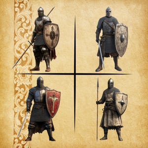 May include: Four medieval knights in full armor, each holding a weapon and shield. The knights are in various poses, with different shield designs and weaponry, set against a parchment-like background.