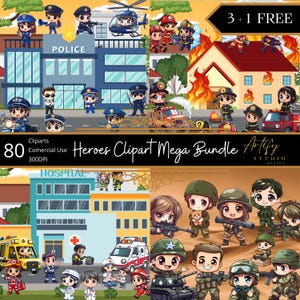 Heroes Clipart Mega Bundle – Soldiers, Firefighters, Policemen, Paramedics, Cartoon Cliparts, Commercial Use, cute kawaii characters,PNG