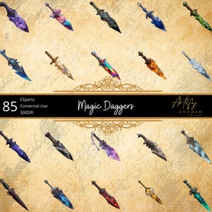 May include: A collection of 15 fantasy-themed daggers with various blade and handle designs. The daggers feature a range of colors, including blue, purple, gold, and green. The image includes the text "Magic Daggers" and "Artify Studio Design".