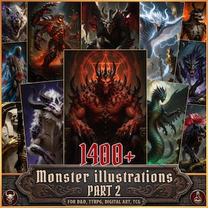 May include: A collection of 1400+ monster illustrations featuring various fantasy creatures, including demons, dragons, and undead beings. The central image displays a red horned demon on a throne, with text reading 1400+ Monster illustrations PART 2.