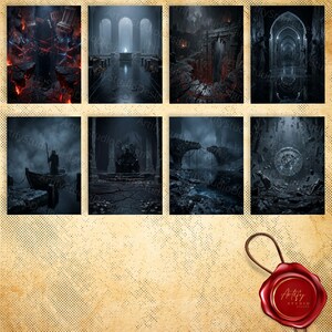 May include: A collection of eight fantasy art prints featuring dark, gothic scenes. The prints depict various architectural settings, including archways, ruins, and a boat on a misty lake. The color palette is primarily dark blues, grays, and blacks, with accents of red and orange.