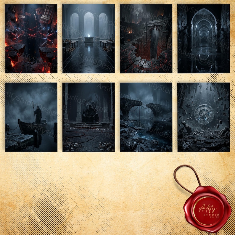 May include: A collection of eight fantasy art prints featuring dark, gothic scenes. The prints depict various architectural settings, including archways, ruins, and a boat on a misty lake. The color palette is primarily dark blues, grays, and blacks, with accents of red and orange.