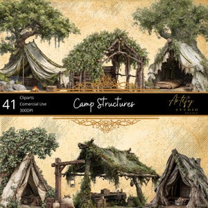 May include: A digital art image featuring various camp structures, including tents and shelters, with a rustic, natural aesthetic. The structures are surrounded by trees and foliage, with a vintage, textured background. The text "Camp Structures" is displayed.