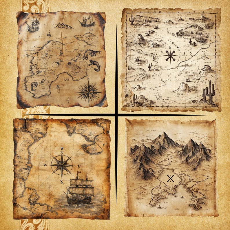 Treasure Maps Features Old Vintage Treasure Maps Clipart – Set of 20 Timeless Designs ...