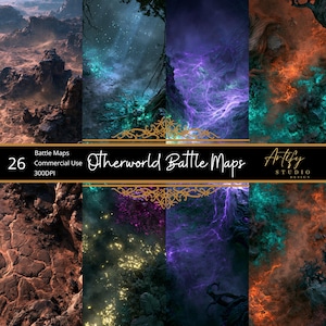 Puede incluir: Una colección digital de 26 mapas de batalla Otherworld con diversos paisajes que incluyen terrenos rocosos, bosques brillantes y campos de energía mágica. La imagen muestra el texto 26 Battle Maps Commercial Use 300DPI Otherworld Battle Maps Artify Studio Design.