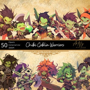 Guerreiros Goblin Chibi – 50 Goblins fofos, mas ferozes, prontos para a batalha, fundo transparente, uso comercial