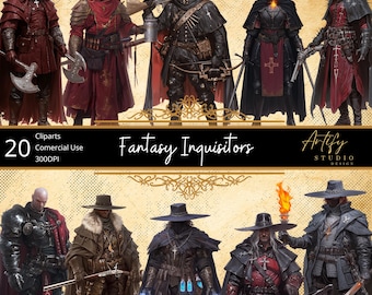 Może przedstawiać: Cyfrowa grafika przedstawiająca 10 postaci fantasy Inkwizytorów w różnych pozach. Postacie ubrane są w ciemne, szczegółowe stroje z kapeluszami, pelerynami i bronią. Obraz zawiera tekst "Fantasy Inquisitors" i "20 Cliparts Commercial Use 300DPI".