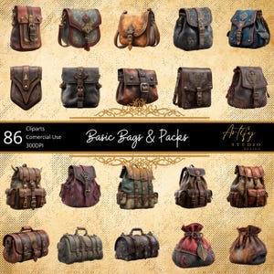 Może przedstawiać: Kolekcja brązowych toreb i plecaków o wyglądzie skóry, z klamrami i paskami. Obraz zawiera różne style, takie jak torby, plecaki i worki ze sznurkiem. Wyświetlany jest tekst "Basic Bags & Packs".