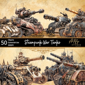 Carri armati Steampunk – Giganti corazzati di vapore e ingranaggi, Clipart fantasy, sfondo trasparente, uso commerciale