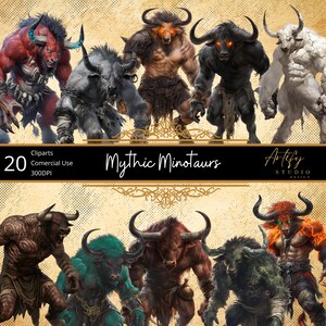Minotauros míticos: poderosas bestias cornudas del laberinto. Imágenes prediseñadas de fantasía, fondo transparente, uso comercial.