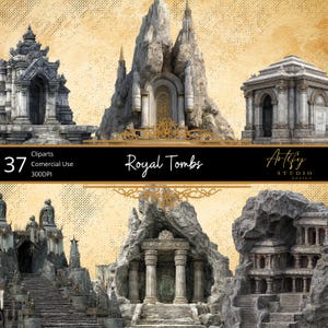 May include: A digital art image featuring several detailed illustrations of ancient royal tombs. The tombs are constructed from stone and feature intricate architectural details, including columns, arches, and decorative elements. The image includes the text "Royal Tombs" and "Artify Studio Design".