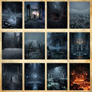 May include: A collection of twelve fantasy art prints featuring dark, atmospheric landscapes. Each print showcases a different scene, including ancient ruins, misty forests, and surreal architectural structures. The color palette is dominated by shades of gray, blue, and black.