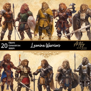 Guerreros Leoninos: Majestuosos y feroces guerreros leones, imágenes prediseñadas de TTRPG, fondo transparente, uso comercial