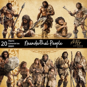 Neandertaler Clipart - Prähistorische Menschen aus der Steinzeit - 20 einzelne PNGs - transparenter Hintergrund, kommerzielle Nutzung