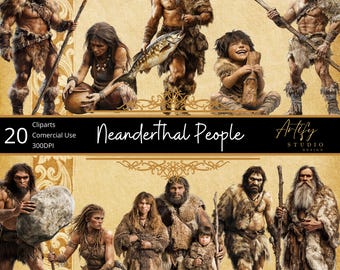 Neanderthal People Clipart – Prehistoric Humans from the Stone Age – 20 Isolated PNGs , Transparent Background, commercial use