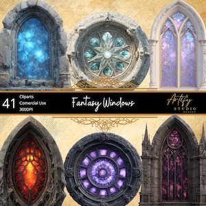 May include: A collection of fantasy-themed window cliparts. The windows feature various designs, including stained glass and stone frames. The image includes the text "Fantasy Windows," "41 Cliparts," and "Commercial Use 300DPI."