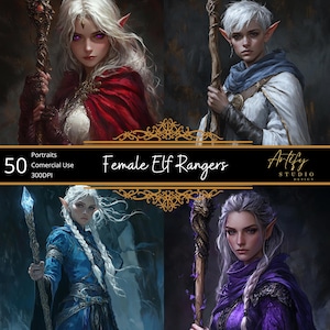 50 portraits de femmes magiciennes elfes - Jeteurs de sorts enchanteurs, portraits numériques de personnages fantastiques TTRPG, MDN, usage commercial