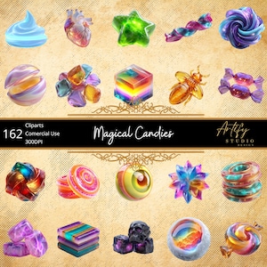 Pode incluir: Uma coleção de doces e guloseimas coloridas e estilizadas. A imagem apresenta várias formas, incluindo uma estrela, um coração e formas geométricas, com cores vibrantes e texturas brilhantes. O texto diz "Magical Candies" e "Artify Studio Design."