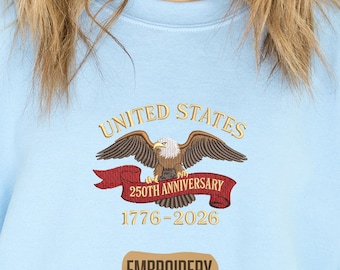 Broderad tröja, luvtröja för USA:s 250-årsjubileum, patriotiska minneskläder, tröja 1776–2026, jubileumspresent