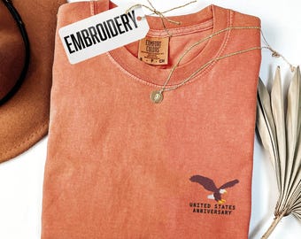 Comfort kleuren shirt, borduurwerk viert Amerika 250e T-shirt uniseks, shirt patriottische adelaar, shirt van de onafhankelijkheidsdag, 4 juli tee