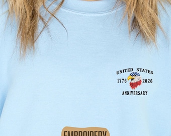 Broderad tröja, patriotisk amerikansk tröja med rund hals, huvtröja med örnmotiv, 1776-2026, America 250-huvtröja, 4 juli-tröja