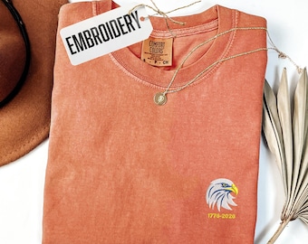 Shirt comfort kleuren, borduurwerk viert 250e verjaardag Amerika shirt, shirt patriottische adelaar, shirt 1776 2026, shirt 4 juli