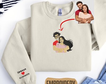 Embroidered Sweatshirt, Aesthetic Couple Photo Hoodie, Personalized Sweatshirt for Boyfriend Girlfriend, Names on the Sleeve Sweatshirt