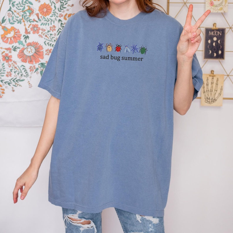 Comfort Colors Shirt, Embroidery Sad Bug Summer Design Shirt, Bug Lover Gift Shirt, Cottagecore Vibes, Nature Aesthetic Shirt, Insect Shirt image 2