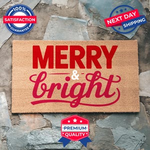 Merry And Bright Doormat, Christmas Doormat, Coir Doormat, Christmas Decoration, Front Door Mat, Winter Porch Decor, Outdoor Doormat