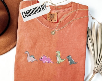 Comfort Colors Shirt, Dinosaurs Embroidered Shirt, Cartoon T-Rex Shirt, Minimal Design Animal Shirt, Kawaii Crewneck Embroidery Shirt