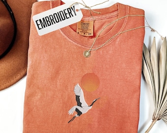 Comfort Colors Shirt, Embroidery Crane Bird Shirt, Aesthetic Bird Shirt, Sunset Shirt, Red Sun Shirt, Japanese Style Nature T-Shirt