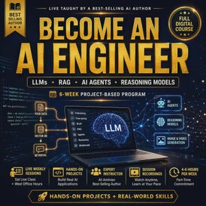May include: A digital course advertisement titled Become an AI Engineer featuring a laptop displaying a brain graphic labeled LLM. The text includes details on a 6-week project-based program covering LLMs, RAG, AI agents, and reasoning models.