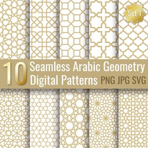 Sömlösa arabiska geometriska mönster set, islamiska ornament digitalt papper, Ramadan Kareem lyxiga guldbakgrunder, SVG PNG JPG, kommersiellt bruk