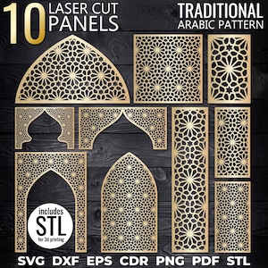 May include: Ten laser-cut panels with a traditional Arabic pattern. The panels are in various shapes, including arches and rectangles, and are made of a gold-colored material. The image includes the text "LASER CUT PANELS" and "TRADITIONAL ARABIC PATTERN". The image also includes the text "includes STL for 3d printing".