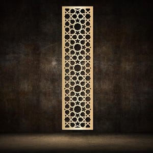 May include: A rectangular, laser-cut wooden panel with an intricate star and geometric pattern. The panel is a light tan color and stands vertically against a dark brown background. The image also includes the text "SVG, DXF, CDR, EPS, PDF, PNG."