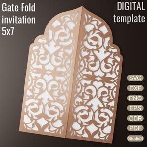 May include: A gate fold invitation template, measuring 12.7 x 17.8 cm. The invitation is light brown with detailed floral cut-out patterns. Text includes "Gate Fold invitation 5x7" and "DIGITAL template". File formats: SVG, DXF, PNG, EPS, CDR, PDF, and Studio3.