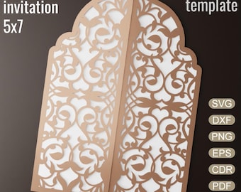 May include: A gate fold invitation template in a 5x7 inch size. The invitation is a light brown color with intricate floral cut-out designs. The words "Gate Fold invitation 5x7" and "DIGITAL template" are visible. File formats include SVG, DXF, PNG, EPS, CDR, PDF, and Studio3.