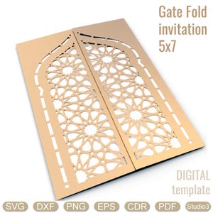 May include: A gold-colored gate fold invitation template with intricate geometric cut-out designs. The invitation is 5x7 inches and features the text "Gate Fold invitation 5x7" and "DIGITAL template". File formats include SVG, DXF, PNG, EPS, CDR, and PDF.