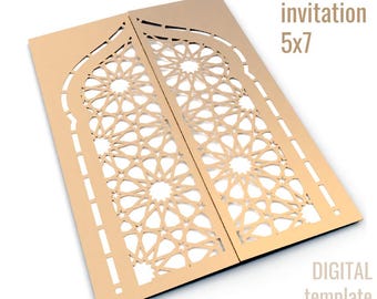 May include: A gold-colored gate fold invitation template with intricate geometric cut-out designs. The invitation is 5x7 inches and features the text "Gate Fold invitation 5x7" and "DIGITAL template". File formats include SVG, DXF, PNG, EPS, CDR, and PDF.