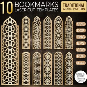 Könnte beinhalten: Zehn lasergeschnittene Lesezeichen-Vorlagen mit traditionellen arabischen Mustern. Die Lesezeichen weisen komplizierte geometrische Designs auf und sind in verschiedenen Formen erhältlich. Dateiformate: SVG, DXF, PNG, EPS, CDR, PDF und Studio3. Geeignet für Cricut und Silhouette Cameo.