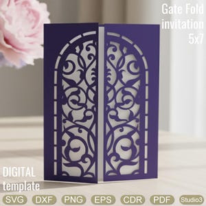 May include: A purple gate fold invitation, measuring 12.7 x 17.8 cm, with detailed floral cutouts. The invitation is a digital template, with file formats including SVG, DXF, PNG, EPS, CDR, and PDF. The design features an arch shape.