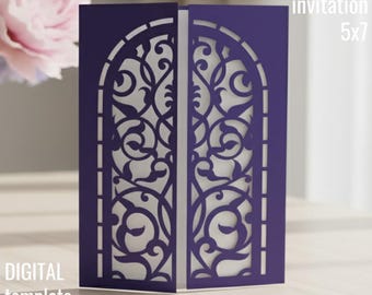May include: A purple gate fold invitation, 5x7 inches, with intricate floral cutouts. The invitation is a digital template, with file formats including SVG, DXF, PNG, EPS, CDR, and PDF. The design features a decorative arch shape.