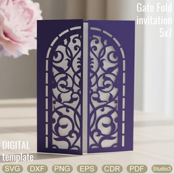 Gate Fold Wedding Invitation SVG Cricut, Arabesque Laser Cut Template 5x7, Invitation Jacket svg, Bridal Shower invite, DXF cdr pdf Studio3