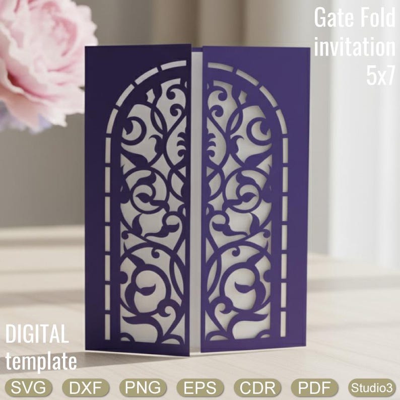 A purple gate fold invitation, 5x7 inches, with intricate floral cutouts. The invitation is a digital template, with file formats including SVG, DXF, PNG, EPS, CDR, and PDF. The design features a decorative arch shape.