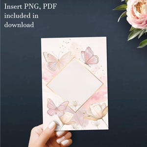 May include: A pink and gold printable card with a diamond-shaped frame and butterflies. The card has a watercolor background with pink and white flowers.