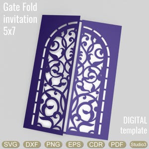 May include: A gate fold invitation in a deep purple hue, featuring an intricate, swirling cutout design. The invitation measures 5x7 inches and is labeled as a digital template. File formats include SVG, DXF, PNG, EPS, CDR, and PDF.