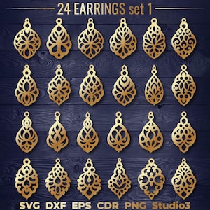 May include: A set of 24 gold-colored earring designs, featuring intricate filigree patterns. The earrings are arranged in four rows of six, on a dark wood background. The text "24 EARRINGS set 1" is at the top of the image.  SVG DXF EPS CDR PNG Studio3 is at the bottom of the image.