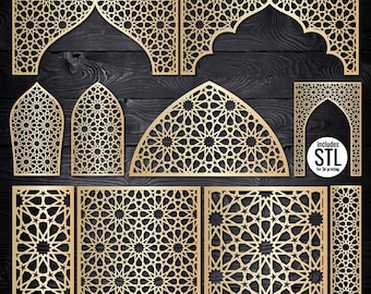 May include: Ten laser-cut panels with a traditional Arabic pattern. The panels are in various shapes, including arches, rectangles, and a semi-circle. The design features intricate geometric star patterns. The image includes the text "SVG DXF EPS CDR PNG PDF STL".